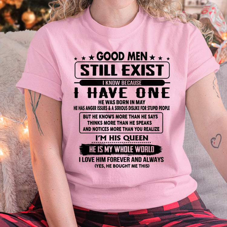 White T-shirt featuring "Good Men Still Exist" slogan, designed for husbands, from TEELUVS.COM, perfect gift for wife or girlfriend.