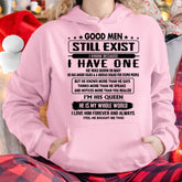 White T-shirt for men with "Good Men Still Exist" print, from TEELUVS.COM, ideal gift for your girlfriend or wife.