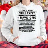 White T-shirt for men from TEELUVS.COM, featuring "Good men Still Exist" design, perfect gift for your wife or girlfriend.