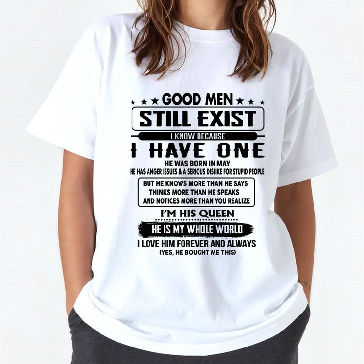 White "Good Men Still Exist" Husband T-shirt from TEELUVS.COM, casual tee for husbands, with May-themed design and comfortable fit.