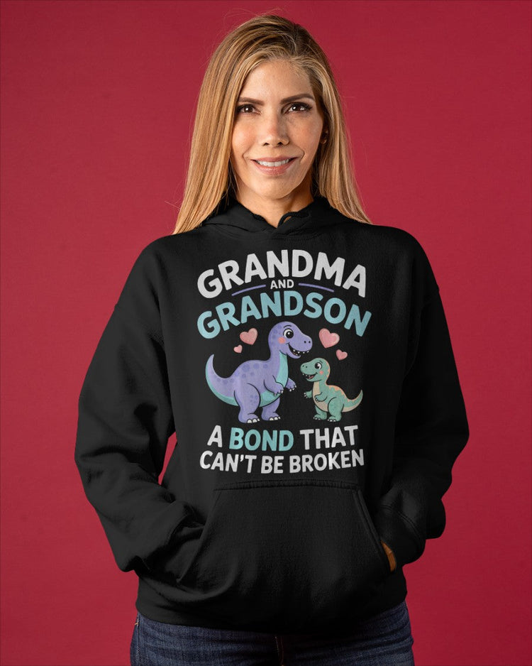 Black unisex dinosaur T-shirt for kids featuring a grandma and grandson bond design, from TEELUVS.COM.
