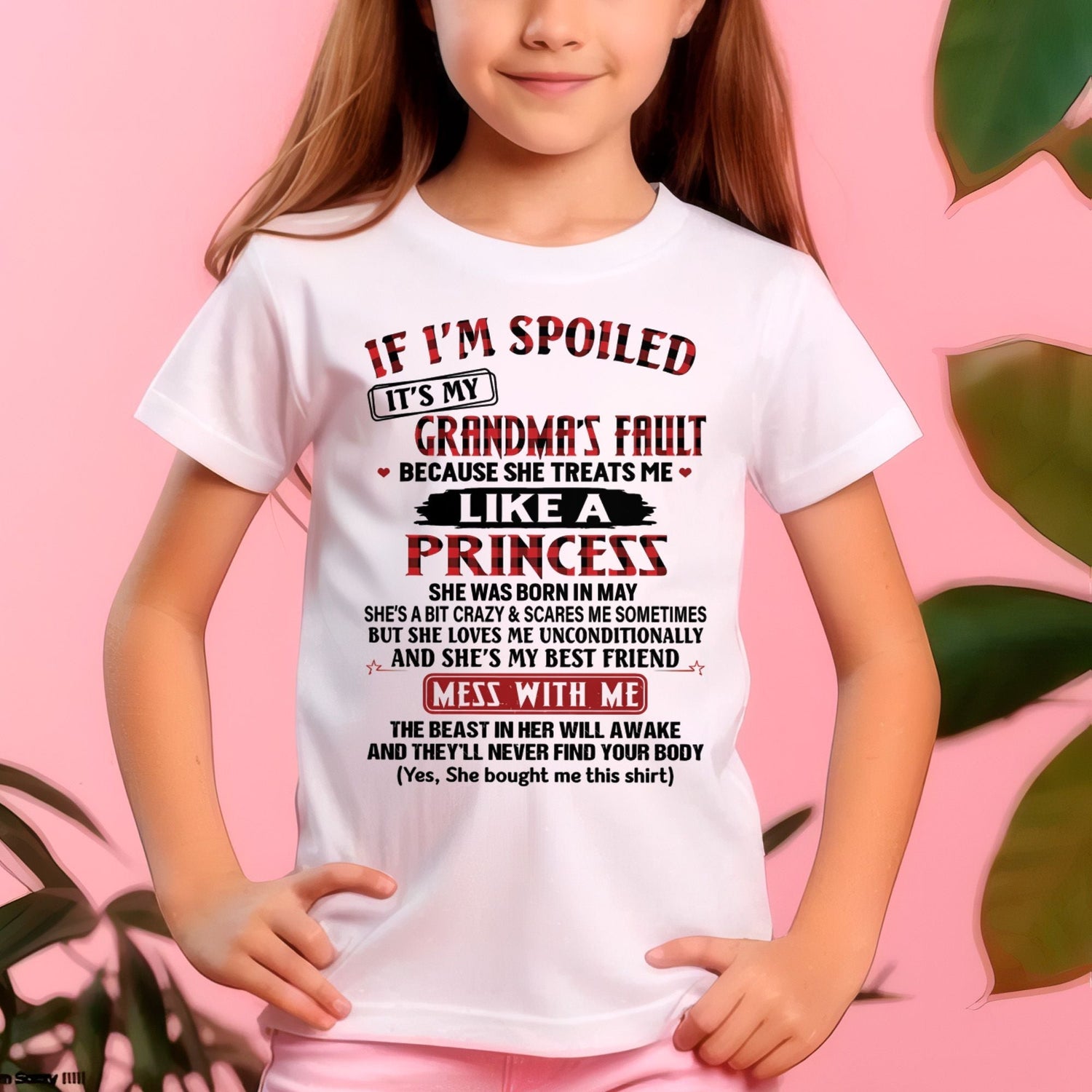 White T-shirt for granddaughter with "If I’m spoiled it’s my grandma’s fault" printed design, by TEELUVS.COM.