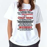 White T-shirt for kids featuring "Spoiled Granddaughter of a Crazy Nana" October edition design, from TEELUVS.COM.