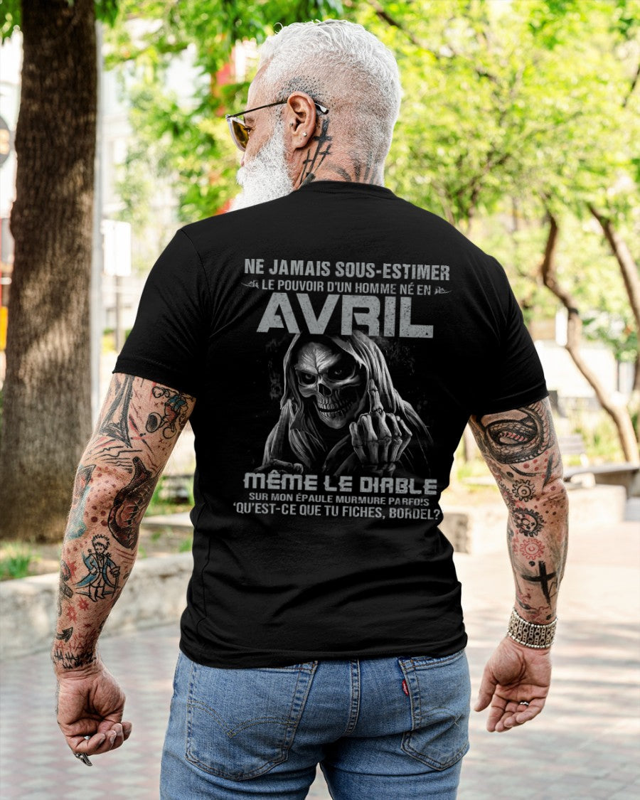 Black T-shirt for men born in April with "Never Underestimate the Power of an April Born Man" text, from TEELUVS.COM.