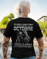 Black T-shirt for men born in October with "Never Underestimate the Power of an October Man" text, from TEELUVS.COM.