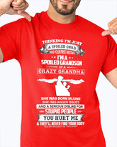 Black "Spoiled by Grandma" T-shirt for boys, June edition from TEELUVS.COM, featuring playful design for grandson.