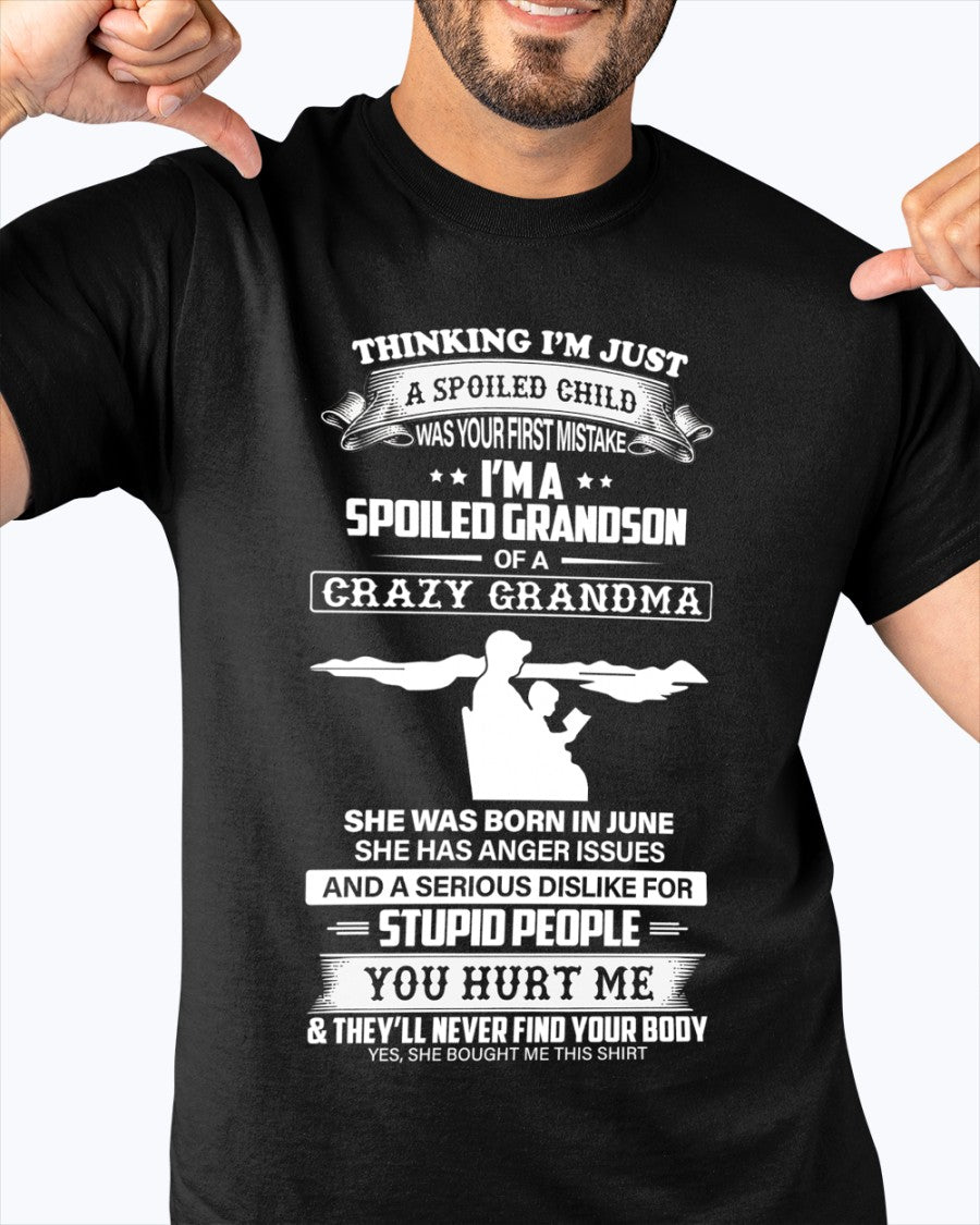 Black tee shirt from TEELUVS.COM featuring the "Spoiled by Grandma" June Edition design, for grandsons, casual wear.