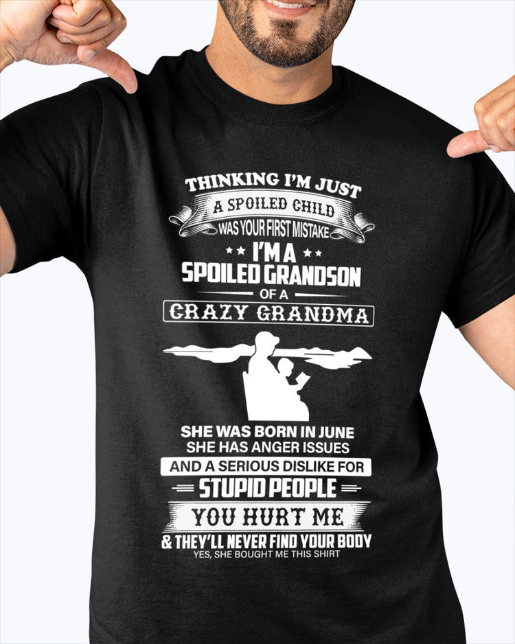 Black tee shirt from TEELUVS.COM featuring the "Spoiled by Grandma" June Edition design, for grandsons, casual wear.