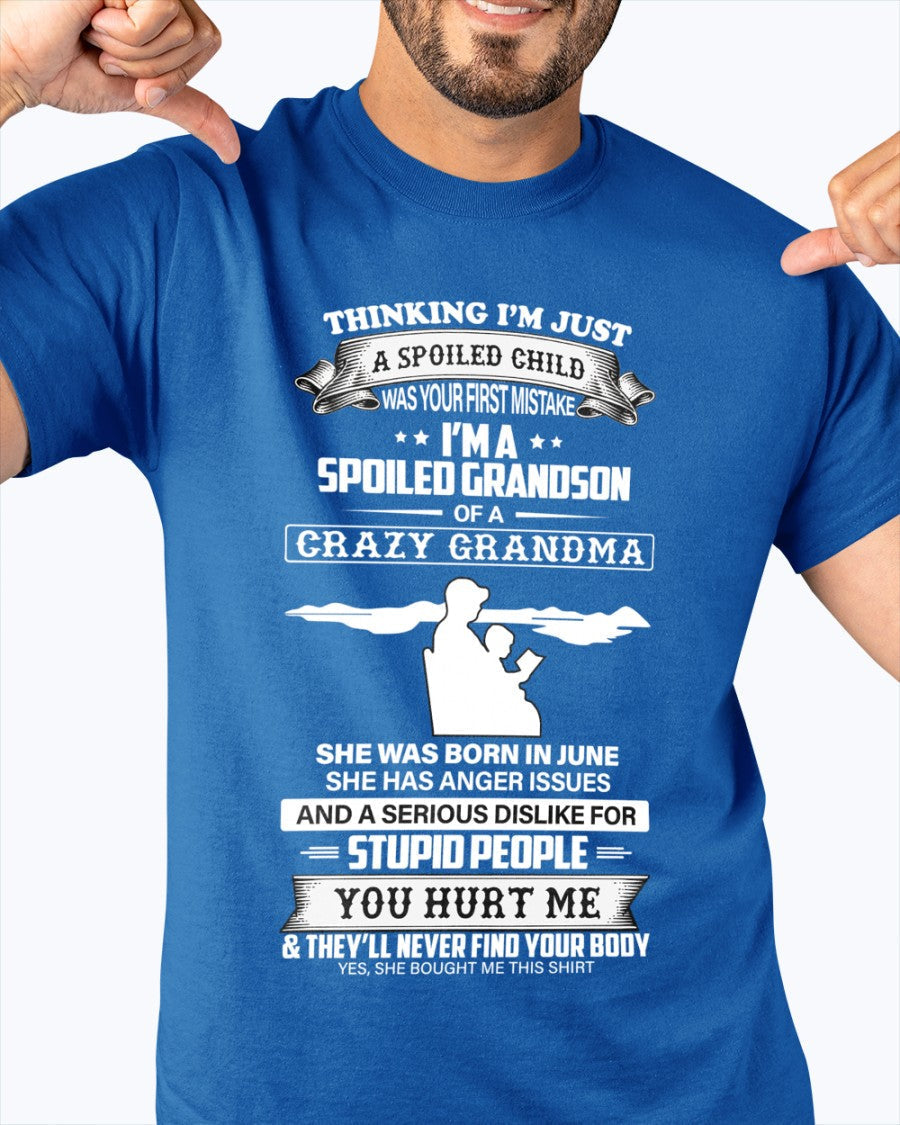 Black "Spoiled by Grandma" June Edition T-shirt for grandson, featuring playful text design from TEELUVS.COM.