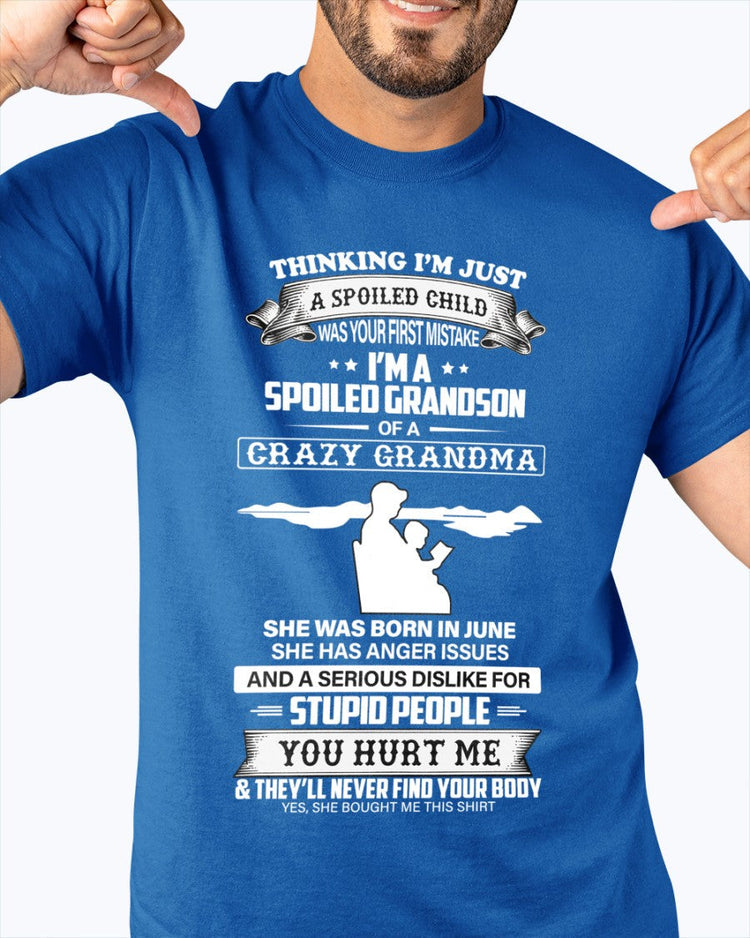 Black "Spoiled by Grandma" June Edition T-shirt for grandson, featuring playful text design from TEELUVS.COM.
