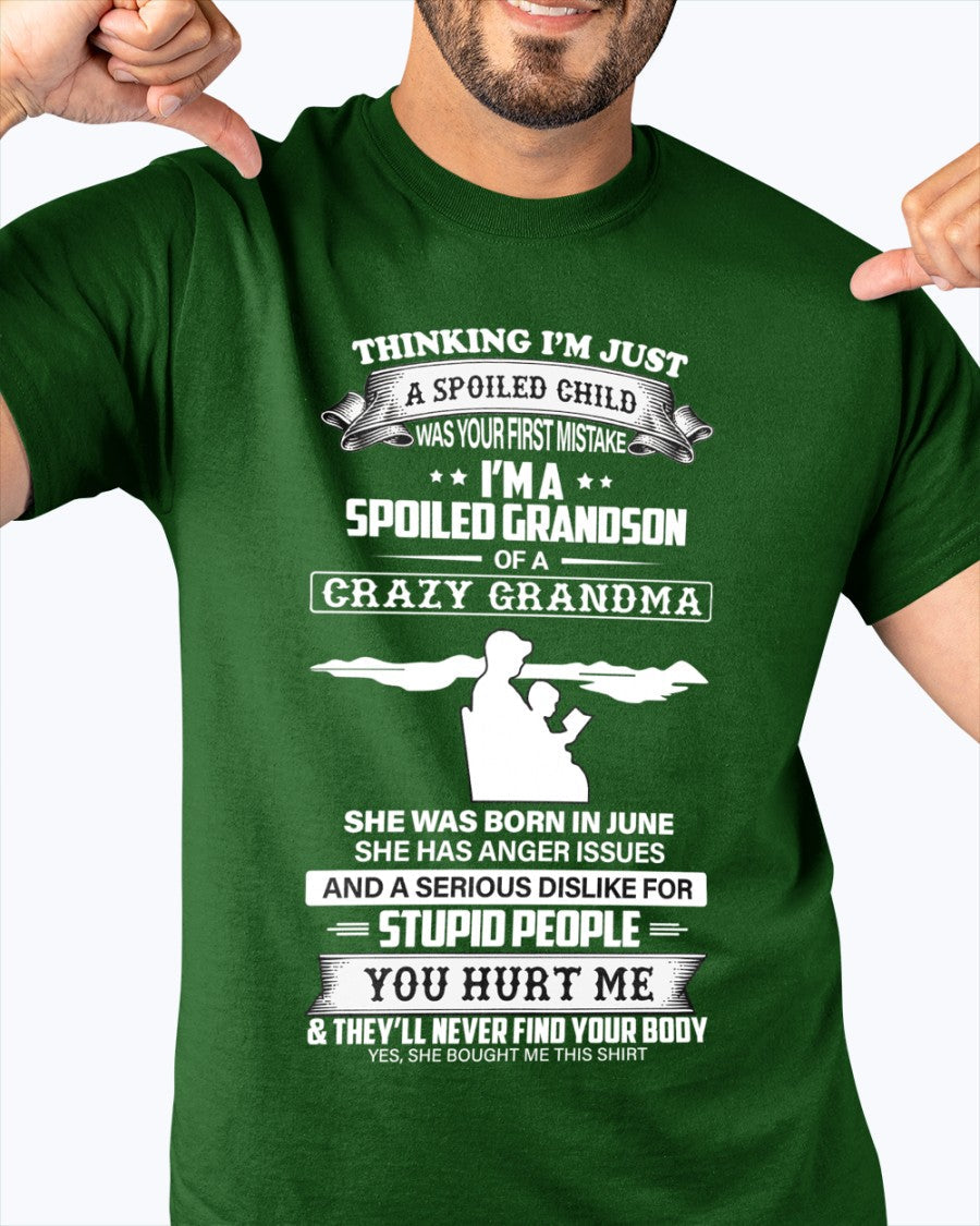Black "Spoiled by Grandma" T-shirt for boys, June edition, from TEELUVS.COM, featuring playful grandma-to-grandson design.