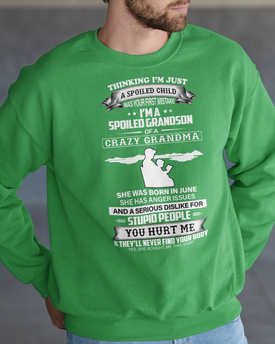Black "Spoiled by Grandma" June Edition T-shirt for grandson, featuring playful text from TEELUVS.COM.