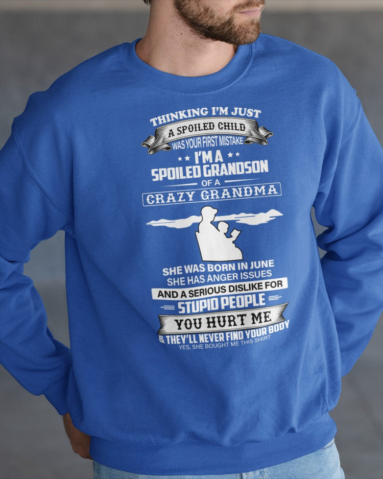 Black "Spoiled by Grandma" June Edition T-shirt for grandsons, featuring playful graphic text, by TEELUVS.COM.