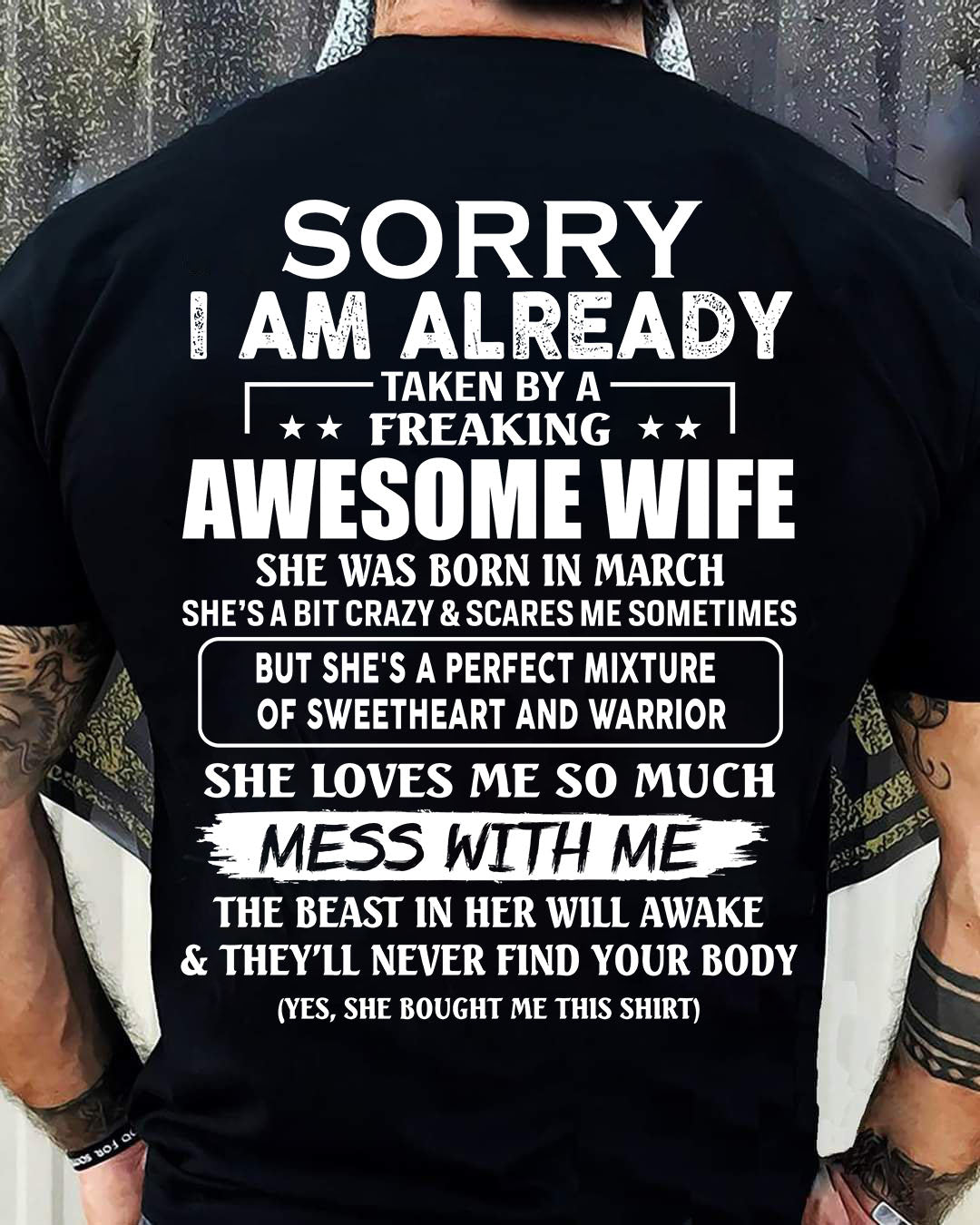 Black t-shirt featuring "Wife March" text, perfect gift for your husband, from TEELUVS.COM, casual and comfortable men&
