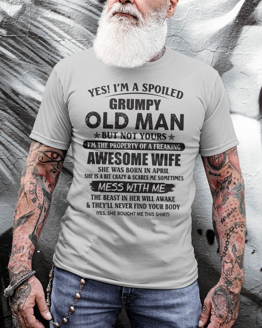 White T-shirt featuring "Awesome Wife April" text, perfect gift for your husband, by TEELUVS.COM.