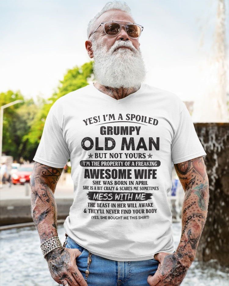 White T-shirt featuring "Awesome Wife April" text, perfect gift for husband, by TEELUVS.COM.