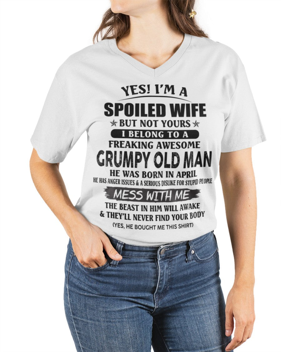 White T-shirt featuring a grumpy old man April design, perfect gift for your wife, by TEELUVS.COM.