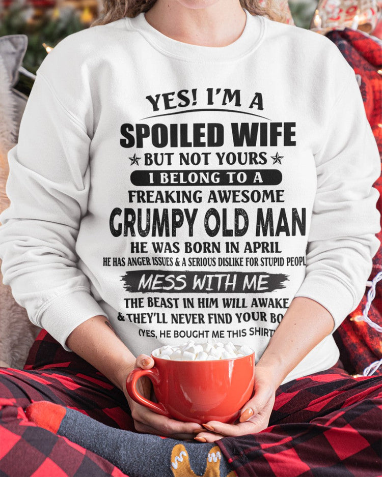 White T-shirt featuring a grumpy old man April design, perfect gift for your wife, by TEELUVS.COM.