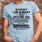 White TEELUVS.com T-shirt for wife with "Sorry I Am Already Taken By A Freaking Awesome Girl" text, size US 00, casual fit.