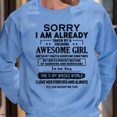 White TEELUVS.com T-shirt for wife with "Sorry I Am Already Taken By A Freaking Awesome Girl" design, casual and comfortable fit.