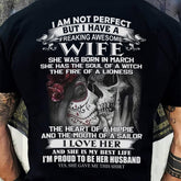 Black TEELUVS.COM "I Am Not Perfect But I Have A Freaking Awesome Wife" T-shirt for husband, front view, size S/M.