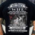 Black TEELUVS.COM "I Am Not Perfect But I Have A Freaking Awesome Wife" T-shirt for husband, front view, size S/M.