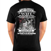 Black T-shirt from TEELUVS.COM with humorous "I Am Not Perfect But I Have An Awesome Wife" message for husbands.