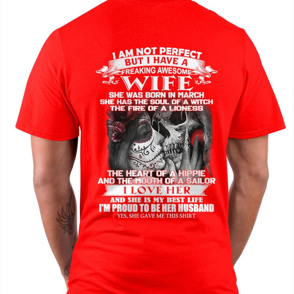 Black T-shirt for husband from wife with "I Am Not Perfect But I Have A Freaking Awesome Wife" text, casual fit, TEELUVS.COM brand.