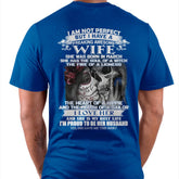 Black TEELUVS T-shirt for husband with "I Am Not Perfect But I Have A Freaking Awesome Wife" text, casual fit, men&