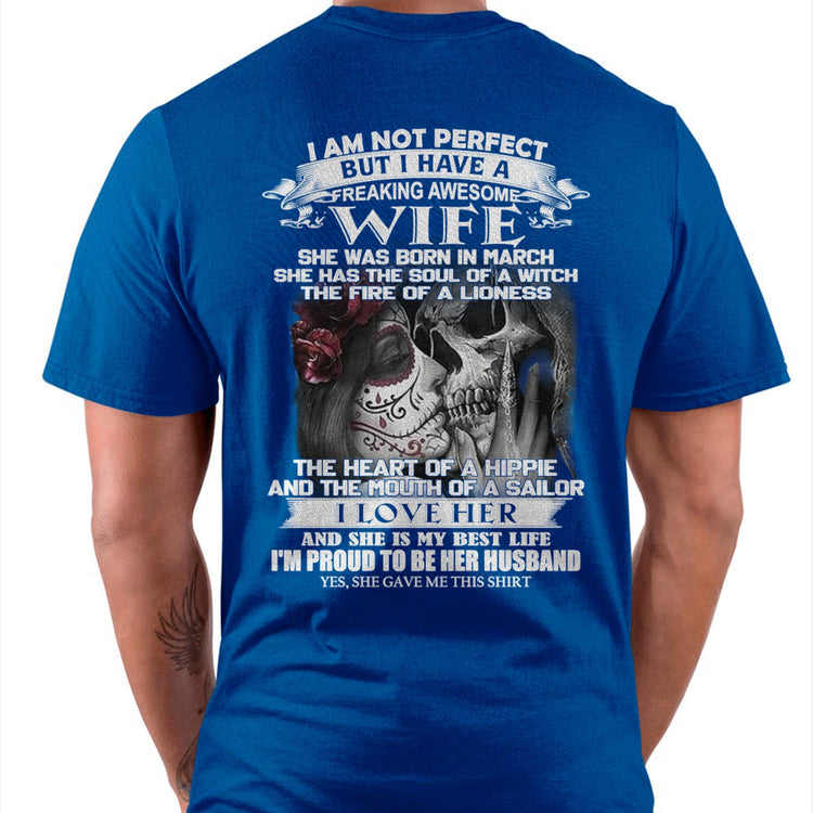 Black TEELUVS T-shirt for husband with "I Am Not Perfect But I Have A Freaking Awesome Wife" text, casual fit, men&