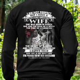 Black TEELUVS.COM T-shirt for husbands with "I am not perfect but I have a freaking awesome wife" design, size S.