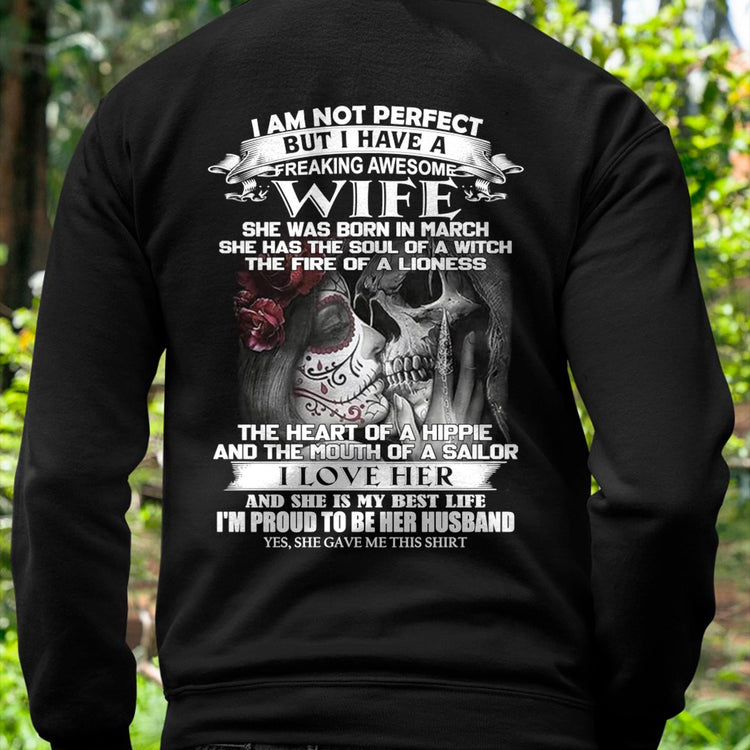 Black TEELUVS.COM T-shirt for husbands with "I am not perfect but I have a freaking awesome wife" design, size S.