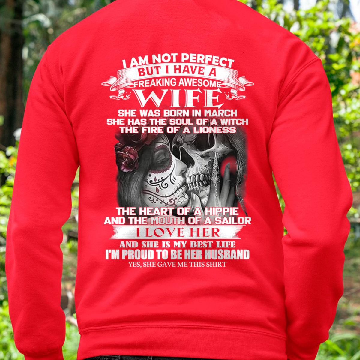 Black TEELUVS.com T-shirt for husbands with "I Am Not Perfect But I Have An Awesome Wife" message, casual fit, front view.
