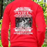 Black TEELUVS.com T-shirt for husbands with "I Am Not Perfect But I Have An Awesome Wife" message, casual fit, front view.