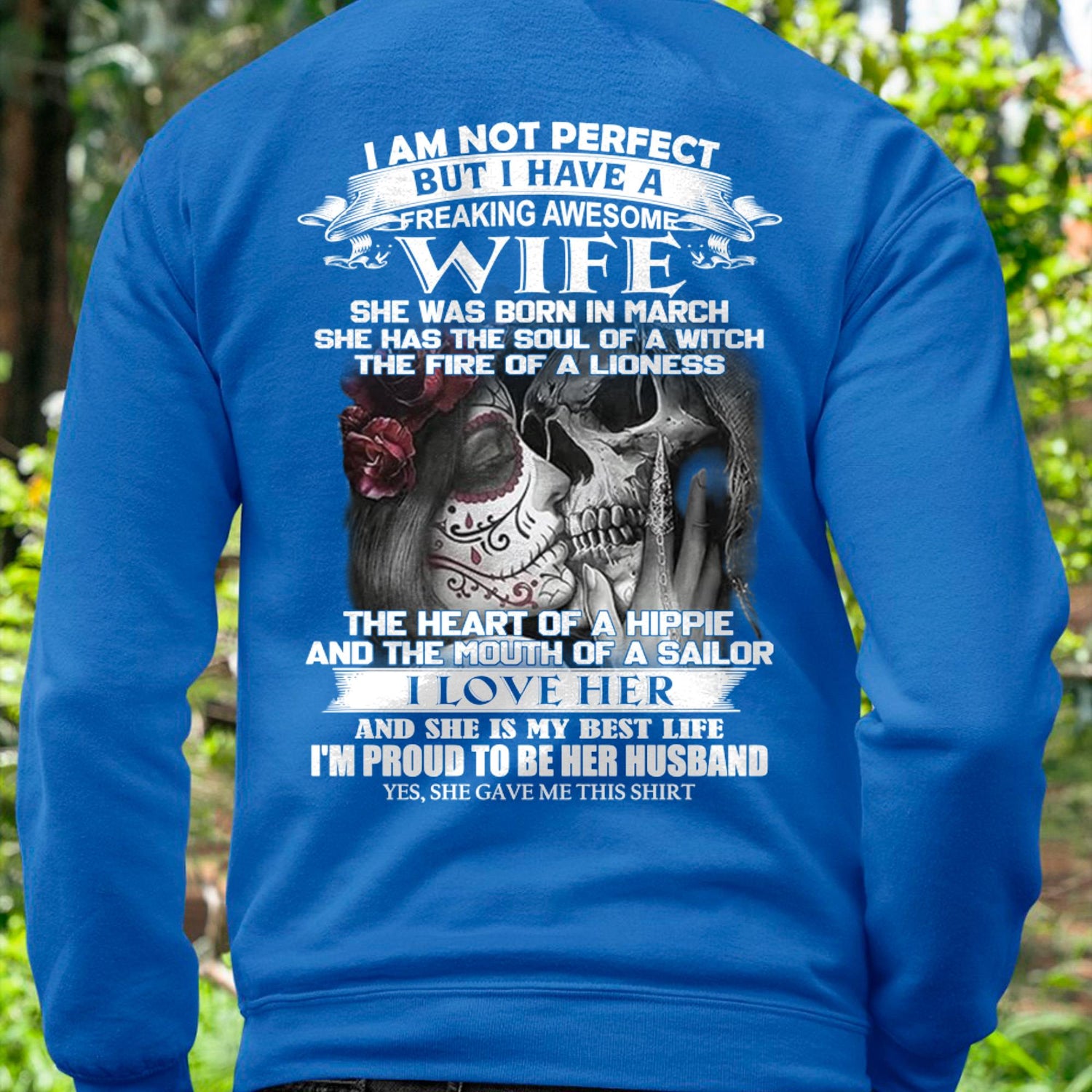 Black TEELUVS.com T-shirt featuring the phrase "I am not perfect but I have a freaking awesome wife" for husbands, size S or M.