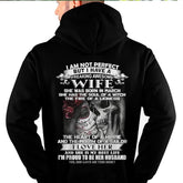 Black T-shirt for husbands featuring "I Am Not Perfect But I Have A Freaking Awesome Wife" design, from TEELUVS.COM.
