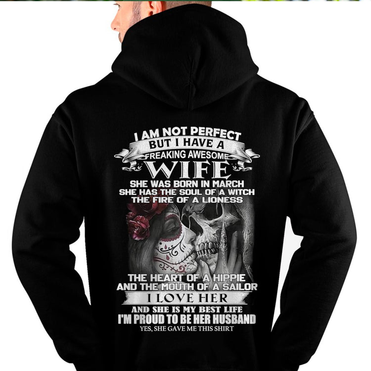 Black T-shirt for husbands featuring "I Am Not Perfect But I Have A Freaking Awesome Wife" design, from TEELUVS.COM.