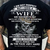 Black TEELUVS.com T-shirt for wife with humorous "I am not perfect but I have an awesome wife" print, size S/M.