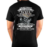Black T-shirt for husband with "I Am Not Perfect But I Have An Awesome Wife" message, from TEELUVS.COM, casual fit, front view.