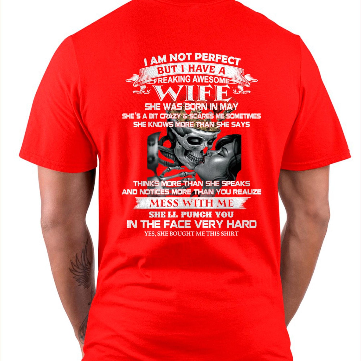 Black T-shirt for husband with "I am not perfect but I have a freaking awesome wife" text, from TEELUVS.COM, size S or M.