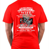 Black T-shirt for husband with "I am not perfect but I have a freaking awesome wife" text, from TEELUVS.COM, size S or M.