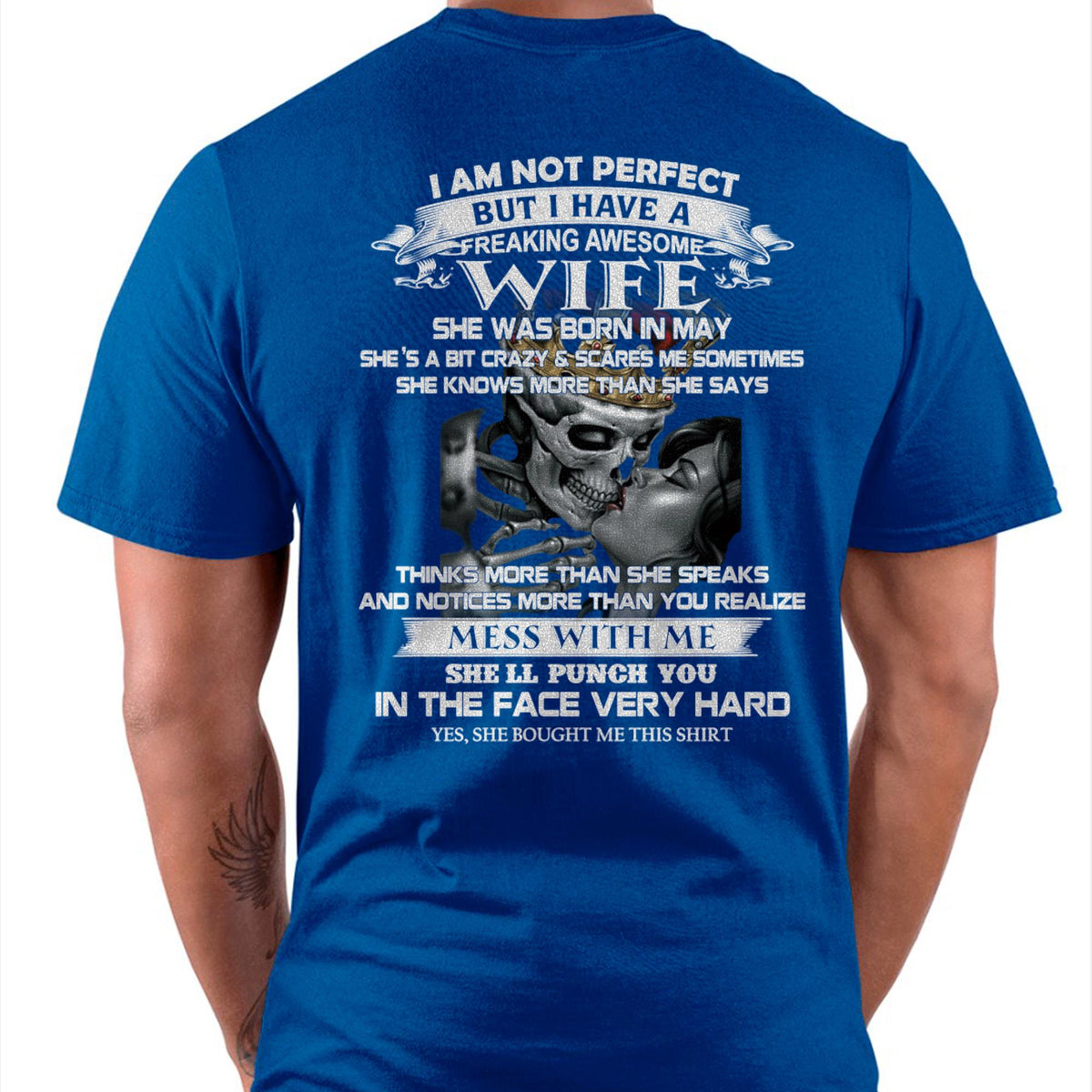Black TEELUVS.com wife T-shirt with humorous text, perfect gift for husband, featuring bold white lettering and casual fit.