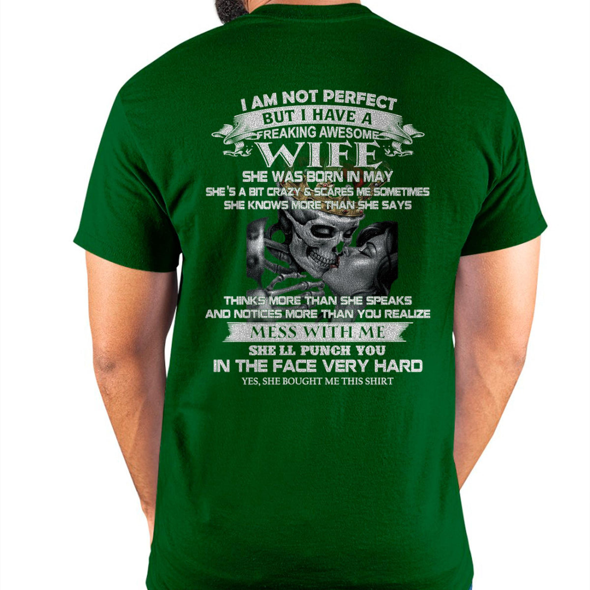 Black T-shirt for husbands featuring humorous text, "I Am Not Perfect But I Have An Awesome Wife," by TEELUVS.COM.