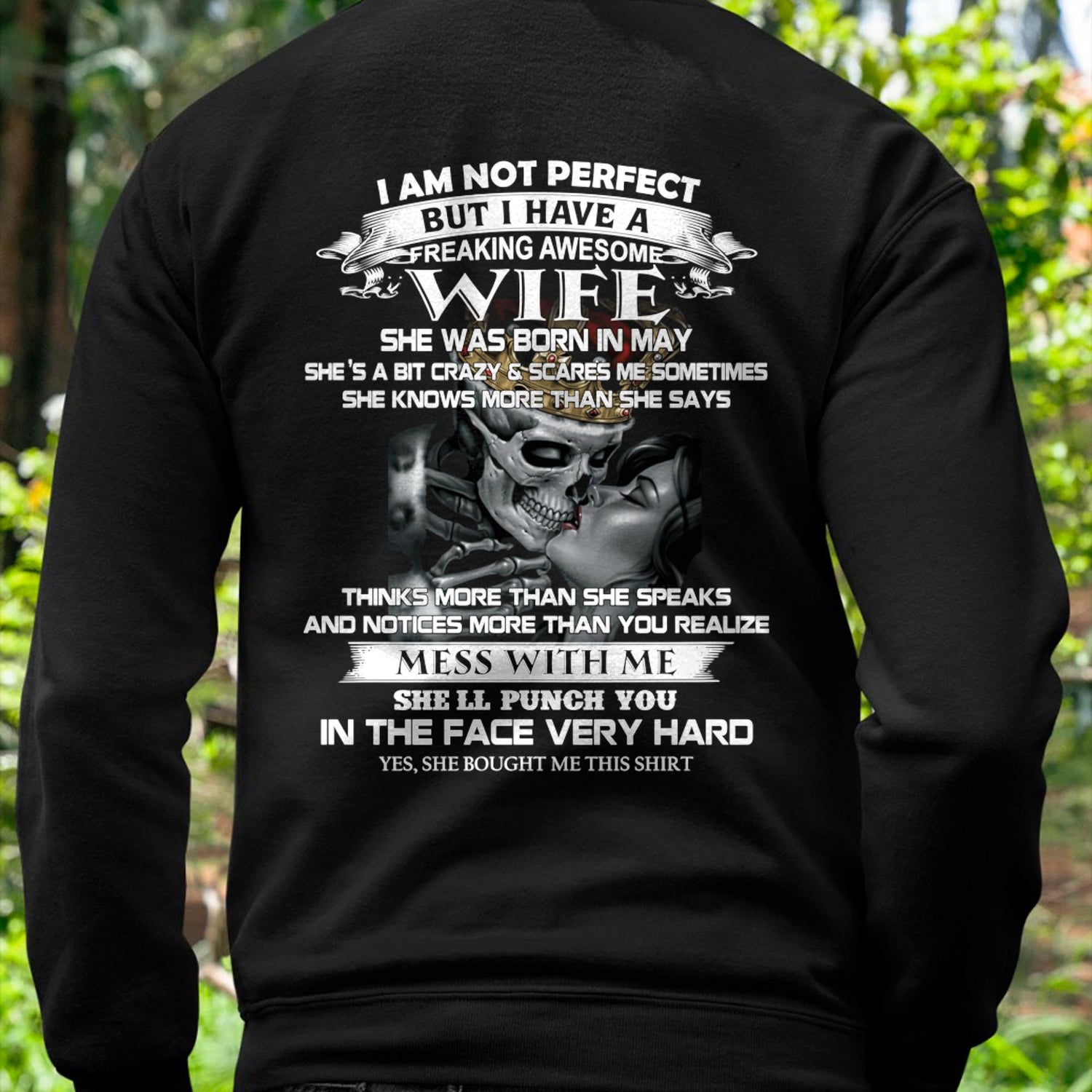 Black T-shirt for husbands featuring the phrase "I am not perfect but I have a freaking awesome wife" from TEELUVS.COM.