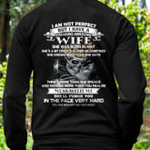 Black T-shirt for husbands featuring the phrase "I am not perfect but I have a freaking awesome wife" from TEELUVS.COM.