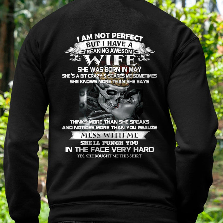 Black T-shirt for husbands featuring the phrase "I am not perfect but I have a freaking awesome wife" from TEELUVS.COM.
