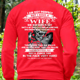 Black T-shirt for husband from wife with humorous "I am not perfect but I have an awesome wife" text, from TEELUVS.COM.