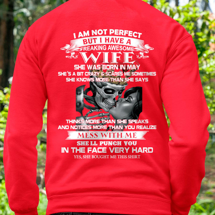 Black T-shirt for husband from wife with humorous "I am not perfect but I have an awesome wife" text, from TEELUVS.COM.