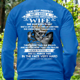 Black TEELUVS.com T-shirt with "I Am Not Perfect But I Have An Awesome Wife" design, perfect gift for husband from wife.