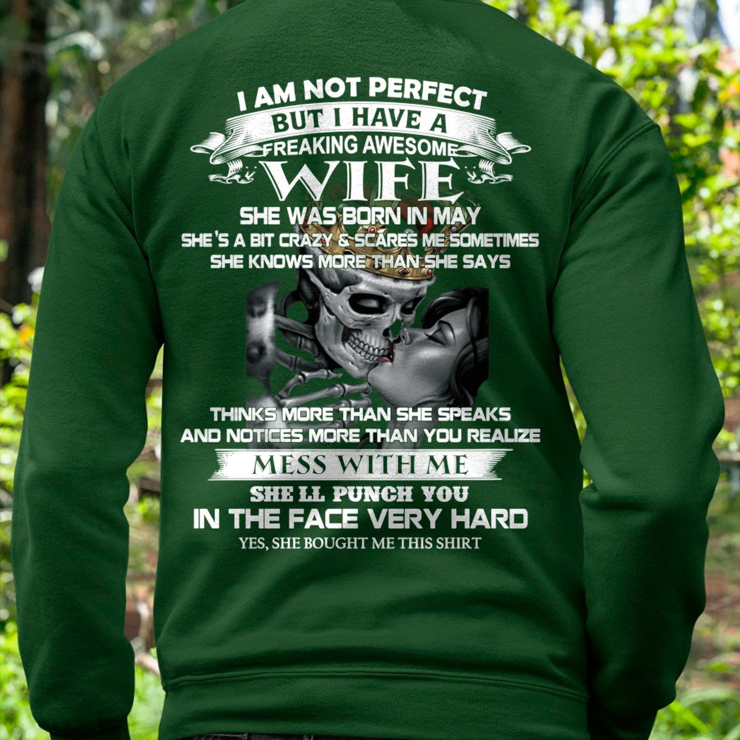 Black TEELUVS.com T-shirt featuring the humorous text "I am not perfect but I have a freaking awesome wife" for husbands.